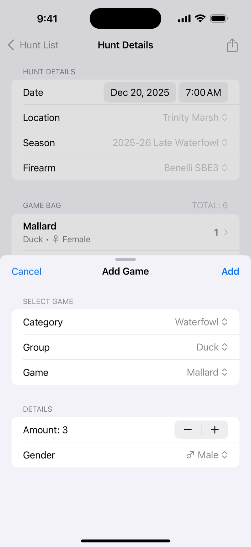 Adding a game bag with the hierarchical picker