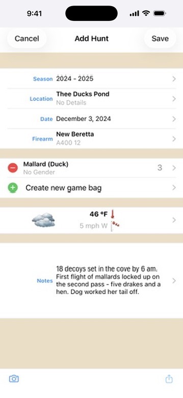 Hunting Bag Classic Add Hunt screen
