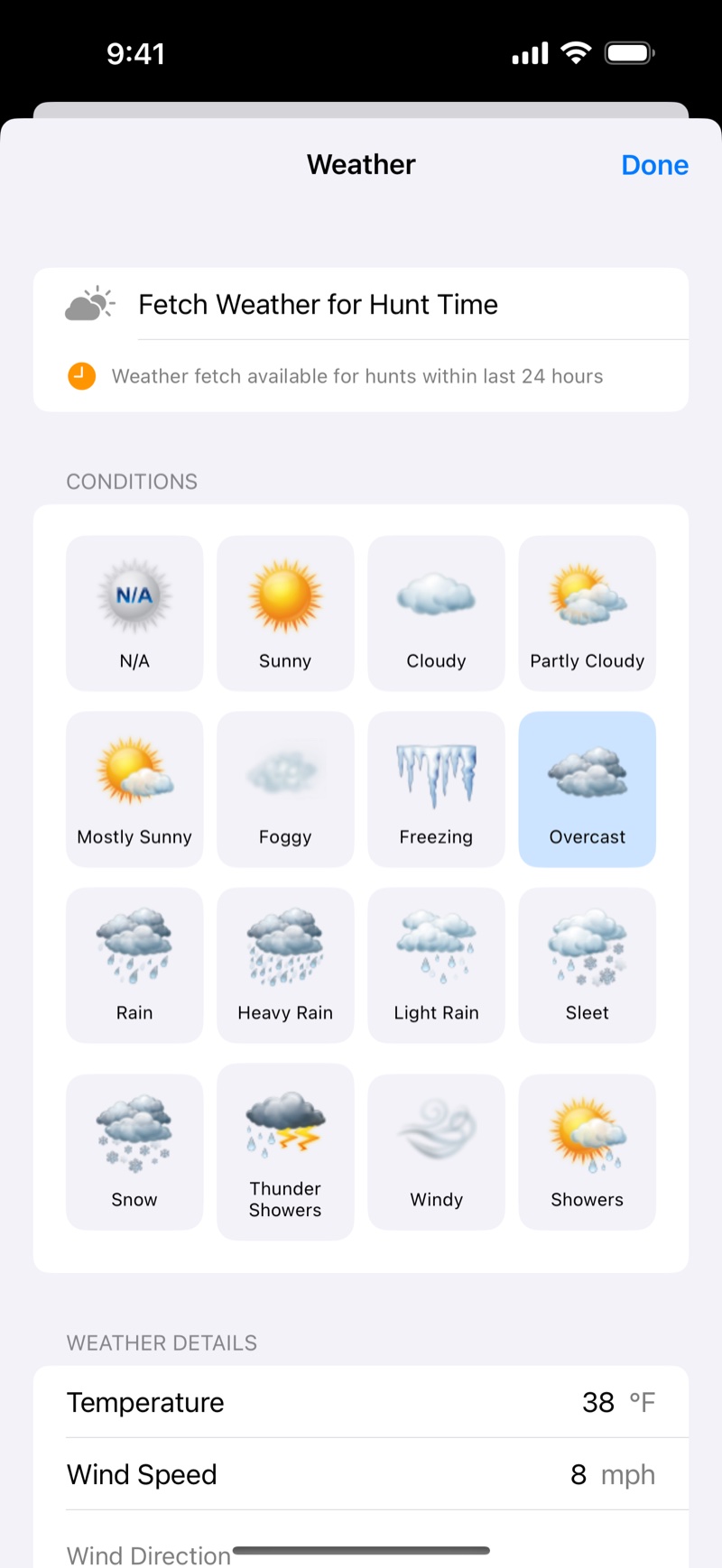 Weather conditions and fetch panel